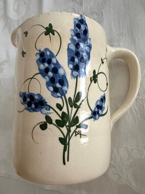 Cow Creek Pottery Pitcher, Hand-Made & Painted Bluebonnets, Vintage, 6.5” x 4.5”